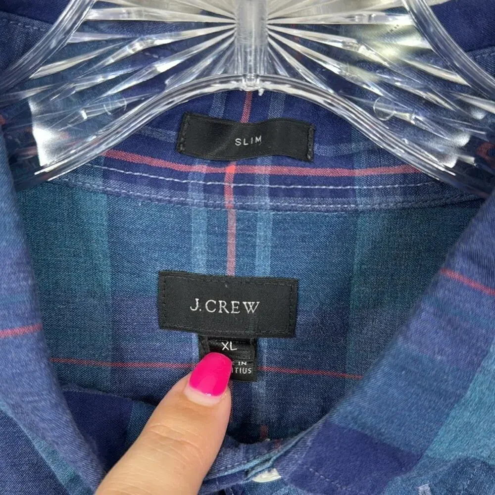 J. Crew Men's Blue Plaid Button Down Shirt XL 100% Cotton Slim Fit Casual